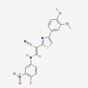 molecular formula C20H15FN4O4S B2362216 (E)-2-(4-(3,4-dimethoxyphenyl)thiazol-2-yl)-3-((4-fluoro-3-nitrophenyl)amino)acrylonitrile CAS No. 477298-53-6