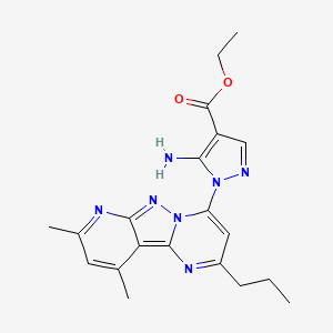 molecular formula C20H23N7O2 B2362323 ethyl 5-amino-1-(11,13-dimethyl-4-propyl-3,7,8,10-tetrazatricyclo[7.4.0.02,7]trideca-1,3,5,8,10,12-hexaen-6-yl)pyrazole-4-carboxylate CAS No. 879576-33-7