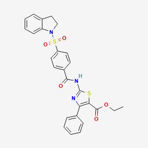molecular formula C27H23N3O5S2 B2362347 Ethyl 2-[[4-(2,3-dihydroindol-1-ylsulfonyl)benzoyl]amino]-4-phenyl-1,3-thiazole-5-carboxylate CAS No. 361171-00-8