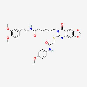molecular formula C34H38N4O8S B2362544 N-(3,4-dimethoxyphenethyl)-6-(6-((2-((4-methoxyphenyl)amino)-2-oxoethyl)thio)-8-oxo-[1,3]dioxolo[4,5-g]quinazolin-7(8H)-yl)hexanamide CAS No. 688061-74-7