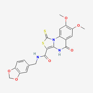 molecular formula C21H17N3O6S2 B2362714 N-[(2H-1,3-benzodioxol-5-yl)methyl]-7,8-dimethoxy-5-oxo-1-sulfanylidene-1H,4H,5H-[1,3]thiazolo[3,4-a]quinazoline-3-carboxamide CAS No. 1111160-50-9