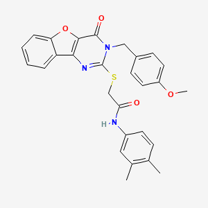 molecular formula C28H25N3O4S B2362905 N-(3,4-dimethylphenyl)-2-({5-[(4-methoxyphenyl)methyl]-6-oxo-8-oxa-3,5-diazatricyclo[7.4.0.0^{2,7}]trideca-1(9),2(7),3,10,12-pentaen-4-yl}sulfanyl)acetamide CAS No. 866873-77-0