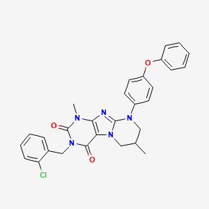 molecular formula C29H26ClN5O3 B2362944 3-[(2-chlorophenyl)methyl]-1,7-dimethyl-9-(4-phenoxyphenyl)-1H,2H,3H,4H,6H,7H,8H,9H-pyrimido[1,2-g]purine-2,4-dione CAS No. 877789-08-7