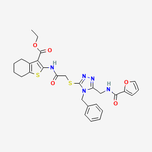 molecular formula C28H29N5O5S2 B2363055 ETHYL 2-{2-[(4-BENZYL-5-{[(FURAN-2-YL)FORMAMIDO]METHYL}-4H-1,2,4-TRIAZOL-3-YL)SULFANYL]ACETAMIDO}-4,5,6,7-TETRAHYDRO-1-BENZOTHIOPHENE-3-CARBOXYLATE CAS No. 393806-30-9