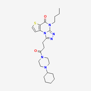 molecular formula C24H34N6O2S B2363356 8-Butyl-12-[3-(4-cyclohexylpiperazin-1-yl)-3-oxopropyl]-5-thia-1,8,10,11-tetraazatricyclo[7.3.0.0^{2,6}]dodeca-2(6),3,9,11-tetraen-7-one CAS No. 1216724-15-0