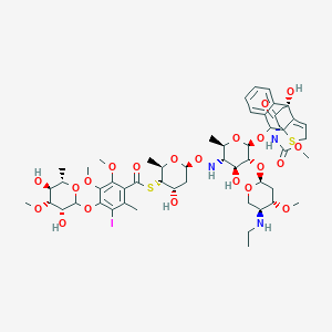 molecular formula C54H74IN3O21S2 B236341 S-[(2R,3S,4S,6S)-6-[[(2R,3S,4S,5R,6S)-5-[(2S,4S,5S)-5-(ethylamino)-4-methoxyoxan-2-yl]oxy-4-hydroxy-6-[[(9R,14R)-9-hydroxy-14-(methoxycarbonylamino)-15-oxo-13-thiatetracyclo[7.4.3.01,10.03,8]hexadeca-3,5,7,10-tetraen-2-yl]oxy]-2-methyloxan-3-yl]amino]oxy-4-hydroxy-2-methyloxan-3-yl] 4-[(3R,4R,5S,6S)-3,5-dihydroxy-4-methoxy-6-methyloxan-2-yl]oxy-5-iodo-2,3-dimethoxy-6-methylbenzenecarbothioate CAS No. 128050-91-9
