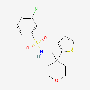 molecular formula C16H18ClNO3S2 B2363455 3-chloro-N-((4-(thiophen-2-yl)tetrahydro-2H-pyran-4-yl)methyl)benzenesulfonamide CAS No. 1202981-60-9