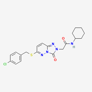 molecular formula C20H22ClN5O2S B2363571 2-[6-[(4-chlorophenyl)methylsulfanyl]-3-oxo-[1,2,4]triazolo[4,3-b]pyridazin-2-yl]-N-cyclohexylacetamide CAS No. 1040644-35-6