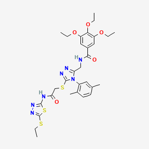 molecular formula C30H37N7O5S3 B2363574 N-((4-(2,5-dimethylphenyl)-5-((2-((5-(ethylthio)-1,3,4-thiadiazol-2-yl)amino)-2-oxoethyl)thio)-4H-1,2,4-triazol-3-yl)methyl)-3,4,5-triethoxybenzamide CAS No. 394242-27-4