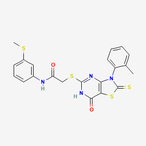 molecular formula C21H18N4O2S4 B2363584 2-{[3-(2-methylphenyl)-7-oxo-2-sulfanylidene-2H,3H,6H,7H-[1,3]thiazolo[4,5-d]pyrimidin-5-yl]sulfanyl}-N-[3-(methylsulfanyl)phenyl]acetamide CAS No. 1021215-56-4