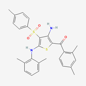 molecular formula C28H28N2O3S2 B2363601 (3-Amino-5-((2,6-dimethylphenyl)amino)-4-tosylthiophen-2-yl)(2,4-dimethylphenyl)methanone CAS No. 1115337-86-4