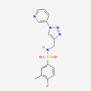 molecular formula C15H14FN5O2S B2363653 4-fluoro-3-methyl-N-((1-(pyridin-3-yl)-1H-1,2,3-triazol-4-yl)methyl)benzenesulfonamide CAS No. 2034612-56-9