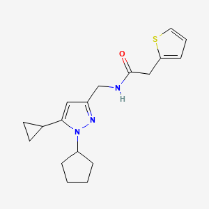 molecular formula C18H23N3OS B2363669 N-((1-cyclopentyl-5-cyclopropyl-1H-pyrazol-3-yl)methyl)-2-(thiophen-2-yl)acetamide CAS No. 1448079-01-3