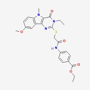 molecular formula C25H26N4O5S B2363776 ethyl 4-(2-((3-ethyl-8-methoxy-5-methyl-4-oxo-4,5-dihydro-3H-pyrimido[5,4-b]indol-2-yl)thio)acetamido)benzoate CAS No. 1113123-32-2