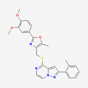 molecular formula C26H24N4O3S B2363916 4-({[2-(3,4-Dimethoxyphenyl)-5-methyl-1,3-oxazol-4-yl]methyl}thio)-2-(2-methylphenyl)pyrazolo[1,5-a]pyrazine CAS No. 1207056-32-3