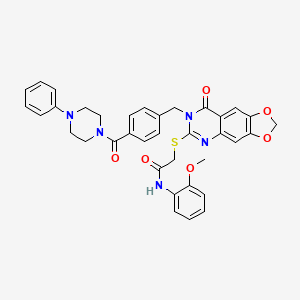 molecular formula C36H33N5O6S B2363951 N-(2-methoxyphenyl)-2-((8-oxo-7-(4-(4-phenylpiperazine-1-carbonyl)benzyl)-7,8-dihydro-[1,3]dioxolo[4,5-g]quinazolin-6-yl)thio)acetamide CAS No. 689759-90-8