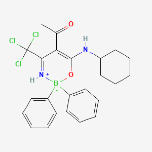 molecular formula C24H26BCl3N2O2 B2364002 1-[6-(Cyclohexylamino)-2,2-diphenyl-4-(trichloromethyl)-1-oxa-3-azonia-2-boranuidacyclohexa-3,5-dien-5-yl]ethanone CAS No. 2068818-75-5