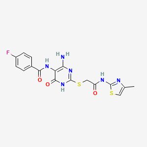 molecular formula C17H15FN6O3S2 B2364023 N-(4-amino-2-((2-((4-methylthiazol-2-yl)amino)-2-oxoethyl)thio)-6-oxo-1,6-dihydropyrimidin-5-yl)-4-fluorobenzamide CAS No. 888418-19-7