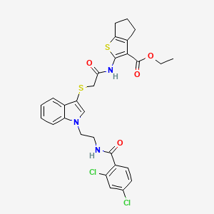 molecular formula C29H27Cl2N3O4S2 B2364033 ethyl 2-{2-[(1-{2-[(2,4-dichlorophenyl)formamido]ethyl}-1H-indol-3-yl)sulfanyl]acetamido}-4H,5H,6H-cyclopenta[b]thiophene-3-carboxylate CAS No. 532975-66-9