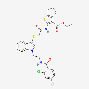 molecular formula C29H27Cl2N3O4S2 B2364033 ethyl 2-[[2-[1-[2-[(2,4-dichlorobenzoyl)amino]ethyl]indol-3-yl]sulfanylacetyl]amino]-5,6-dihydro-4H-cyclopenta[b]thiophene-3-carboxylate CAS No. 532975-66-9