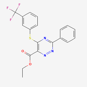 molecular formula C19H14F3N3O2S B2364202 Ethyl 3-phenyl-5-{[3-(trifluoromethyl)phenyl]sulfanyl}-1,2,4-triazine-6-carboxylate CAS No. 338957-12-3