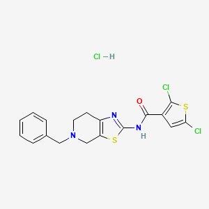 molecular formula C18H16Cl3N3OS2 B2364204 N-(5-benzyl-4,5,6,7-tetrahydrothiazolo[5,4-c]pyridin-2-yl)-2,5-dichlorothiophene-3-carboxamide hydrochloride CAS No. 1185052-08-7