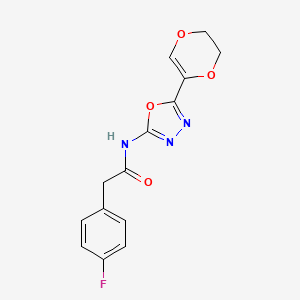 molecular formula C14H12FN3O4 B2364296 N-(5-(5,6-dihydro-1,4-dioxin-2-yl)-1,3,4-oxadiazol-2-yl)-2-(4-fluorophenyl)acetamide CAS No. 899958-67-9