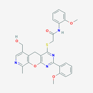 molecular formula C28H26N4O5S B2364632 2-[[11-(hydroxymethyl)-5-(2-methoxyphenyl)-14-methyl-2-oxa-4,6,13-triazatricyclo[8.4.0.03,8]tetradeca-1(10),3(8),4,6,11,13-hexaen-7-yl]sulfanyl]-N-(2-methoxyphenyl)acetamide CAS No. 892380-08-4