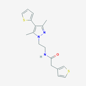 molecular formula C17H19N3OS2 B2365279 N-(2-(3,5-dimethyl-4-(thiophen-2-yl)-1H-pyrazol-1-yl)ethyl)-2-(thiophen-3-yl)acetamide CAS No. 2034356-44-8