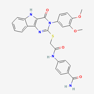 molecular formula C27H23N5O5S B2365346 4-(2-((3-(3,4-dimethoxyphenyl)-4-oxo-4,5-dihydro-3H-pyrimido[5,4-b]indol-2-yl)thio)acetamido)benzamide CAS No. 888442-10-2