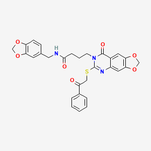 molecular formula C29H25N3O7S B2365410 N-(1,3-苯并二氧杂环-5-基甲基)-4-(8-氧代-6-苯甲酰硫代-[1,3]二氧杂环[4,5-g]喹唑啉-7-基)丁酰胺 CAS No. 896706-66-4
