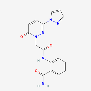 molecular formula C16H14N6O3 B2365417 2-(2-(6-oxo-3-(1H-pyrazol-1-yl)pyridazin-1(6H)-yl)acetamido)benzamide CAS No. 1334371-79-7