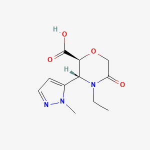 molecular formula C11H15N3O4 B2365467 (2S,3R)-4-ethyl-3-(1-methyl-1H-pyrazol-5-yl)-5-oxomorpholine-2-carboxylic acid CAS No. 2044705-46-4