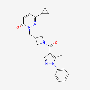 molecular formula C22H23N5O2 B2365490 6-Cyclopropyl-2-[[1-(5-methyl-1-phenylpyrazole-4-carbonyl)azetidin-3-yl]methyl]pyridazin-3-one CAS No. 2320212-18-6