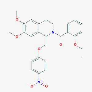 molecular formula C27H28N2O7 B2365528 (6,7-dimethoxy-1-((4-nitrophenoxy)methyl)-3,4-dihydroisoquinolin-2(1H)-yl)(2-ethoxyphenyl)methanone CAS No. 449765-80-4