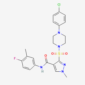 molecular formula C22H23ClFN5O3S B2365530 3-{[4-(4-chlorophenyl)piperazin-1-yl]sulfonyl}-N-(4-fluoro-3-methylphenyl)-1-methyl-1H-pyrazole-4-carboxamide CAS No. 1251686-90-4
