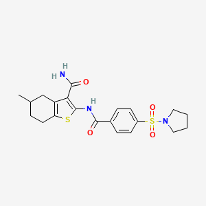 molecular formula C21H25N3O4S2 B2365573 5-Methyl-2-(4-(pyrrolidin-1-ylsulfonyl)benzamido)-4,5,6,7-tetrahydrobenzo[b]thiophene-3-carboxamide CAS No. 392239-10-0
