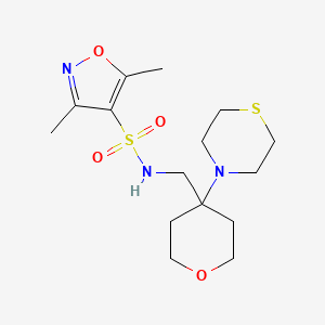 molecular formula C15H25N3O4S2 B2365585 3,5-Dimethyl-N-[(4-thiomorpholin-4-yloxan-4-yl)methyl]-1,2-oxazole-4-sulfonamide CAS No. 2415471-92-8
