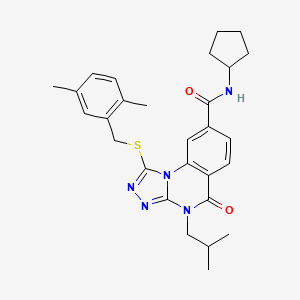 molecular formula C28H33N5O2S B2365589 N-cyclopentyl-1-((2,5-dimethylbenzyl)thio)-4-isobutyl-5-oxo-4,5-dihydro-[1,2,4]triazolo[4,3-a]quinazoline-8-carboxamide CAS No. 1114652-96-8