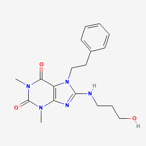 molecular formula C18H23N5O3 B2365736 8-(3-Hydroxy-propylamino)-1,3-dimethyl-7-phenethyl-3,7-dihydro-purine-2,6-dione CAS No. 372089-20-8