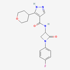 molecular formula C18H19FN4O3 B2365938 N-[1-(4-Fluorophenyl)-2-oxoazetidin-3-yl]-5-(oxan-4-yl)-1H-pyrazole-4-carboxamide CAS No. 2223727-51-1