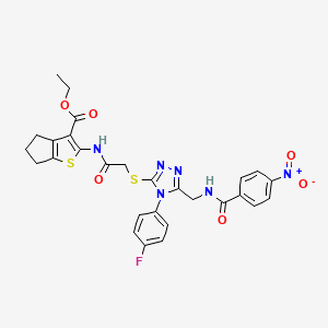 molecular formula C28H25FN6O6S2 B2365957 ethyl 2-(2-{[4-(4-fluorophenyl)-5-{[(4-nitrophenyl)formamido]methyl}-4H-1,2,4-triazol-3-yl]sulfanyl}acetamido)-4H,5H,6H-cyclopenta[b]thiophene-3-carboxylate CAS No. 393848-52-7