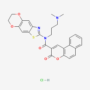 molecular formula C28H26ClN3O5S B2366124 N-(6,7-dihydro-[1,4]dioxino[2,3-f][1,3]benzothiazol-2-yl)-N-[3-(dimethylamino)propyl]-3-oxobenzo[f]chromene-2-carboxamide;hydrochloride CAS No. 1321715-48-3