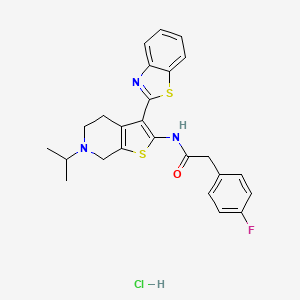 molecular formula C25H25ClFN3OS2 B2366185 N-(3-(benzo[d]thiazol-2-yl)-6-isopropyl-4,5,6,7-tetrahydrothieno[2,3-c]pyridin-2-yl)-2-(4-fluorophenyl)acetamide hydrochloride CAS No. 1330297-96-5