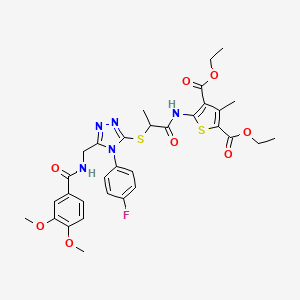 molecular formula C32H34FN5O8S2 B2366192 diethyl 5-(2-((5-((3,4-dimethoxybenzamido)methyl)-4-(4-fluorophenyl)-4H-1,2,4-triazol-3-yl)thio)propanamido)-3-methylthiophene-2,4-dicarboxylate CAS No. 393818-24-1