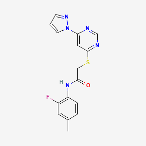 molecular formula C16H14FN5OS B2366269 2-((6-(1H-pyrazol-1-yl)pyrimidin-4-yl)thio)-N-(2-fluoro-4-methylphenyl)acetamide CAS No. 1251664-74-0