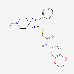 molecular formula C25H28N4O3S B2366486 N-(2,3-dihydrobenzo[b][1,4]dioxin-6-yl)-2-((8-ethyl-3-phenyl-1,4,8-triazaspiro[4.5]deca-1,3-dien-2-yl)thio)acetamide CAS No. 1185088-28-1