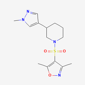 molecular formula C14H20N4O3S B2366622 3,5-dimethyl-4-((3-(1-methyl-1H-pyrazol-4-yl)piperidin-1-yl)sulfonyl)isoxazole CAS No. 2320525-26-4