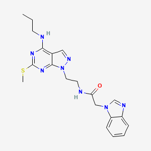 molecular formula C20H24N8OS B2366623 2-(1H-benzo[d]imidazol-1-yl)-N-(2-(6-(methylthio)-4-(propylamino)-1H-pyrazolo[3,4-d]pyrimidin-1-yl)ethyl)acetamide CAS No. 1172017-61-6