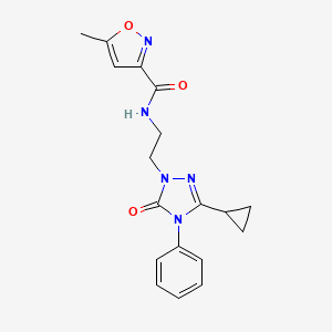 molecular formula C18H19N5O3 B2366655 N-(2-(3-cyclopropyl-5-oxo-4-phenyl-4,5-dihydro-1H-1,2,4-triazol-1-yl)ethyl)-5-methylisoxazole-3-carboxamide CAS No. 1396853-73-8